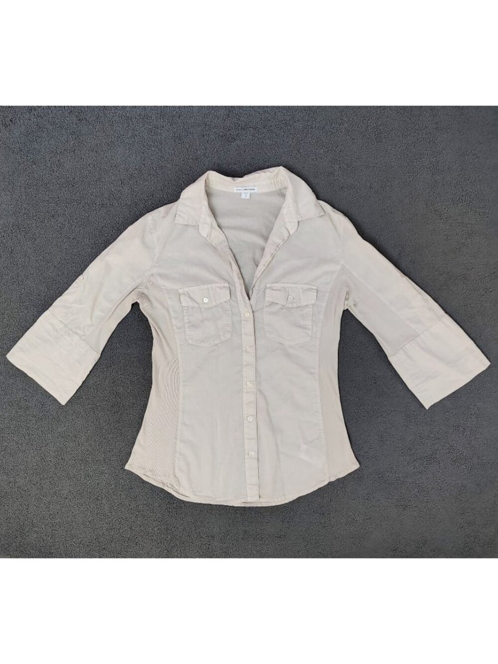 James Perse Women's Shirt Sz (3/L) Sheer Slub Ribbed Knit Side Panel Beige